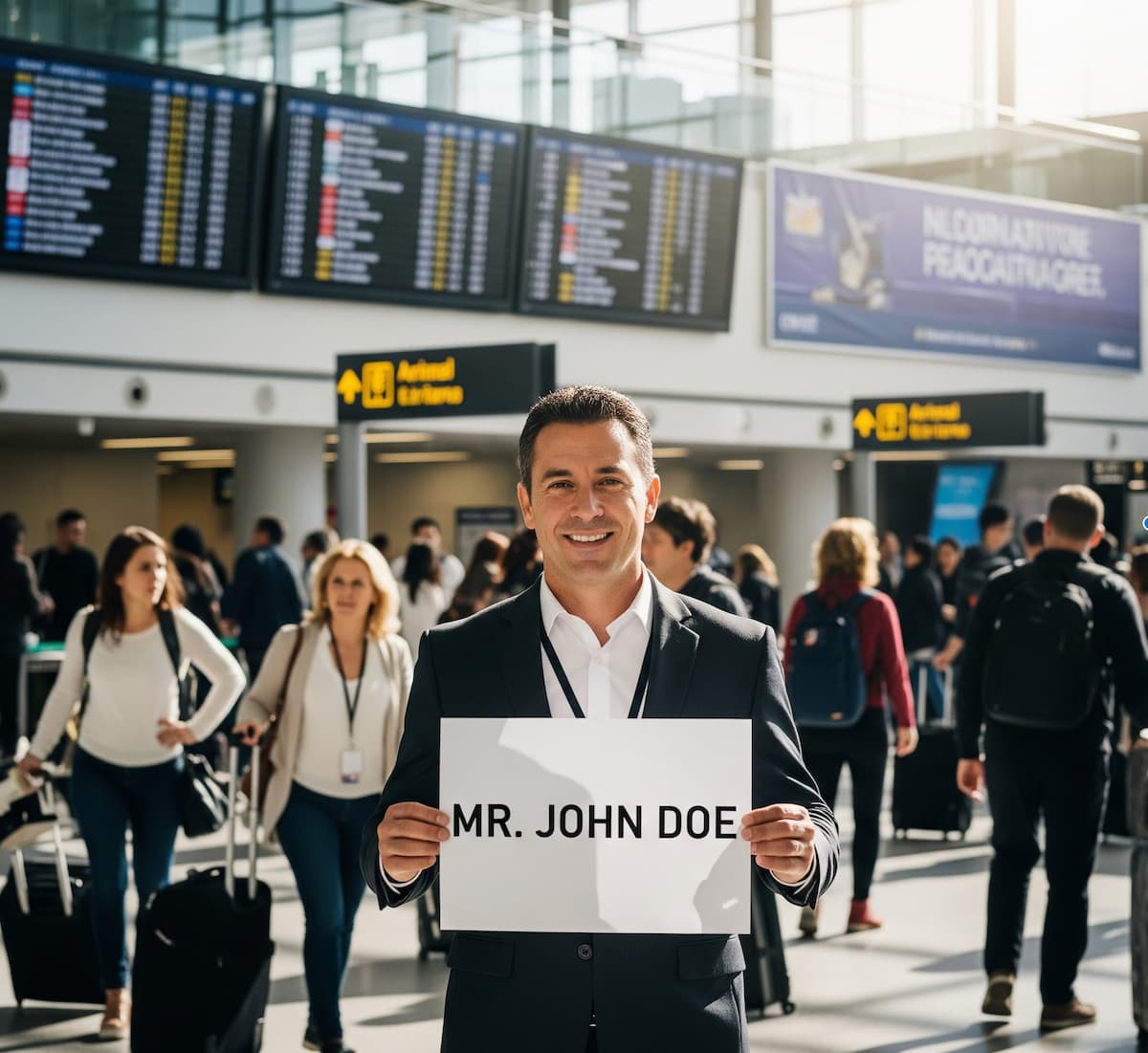 A professional chauffeur assisting a family with luggage at the airport, highlighting a meet and greet service.